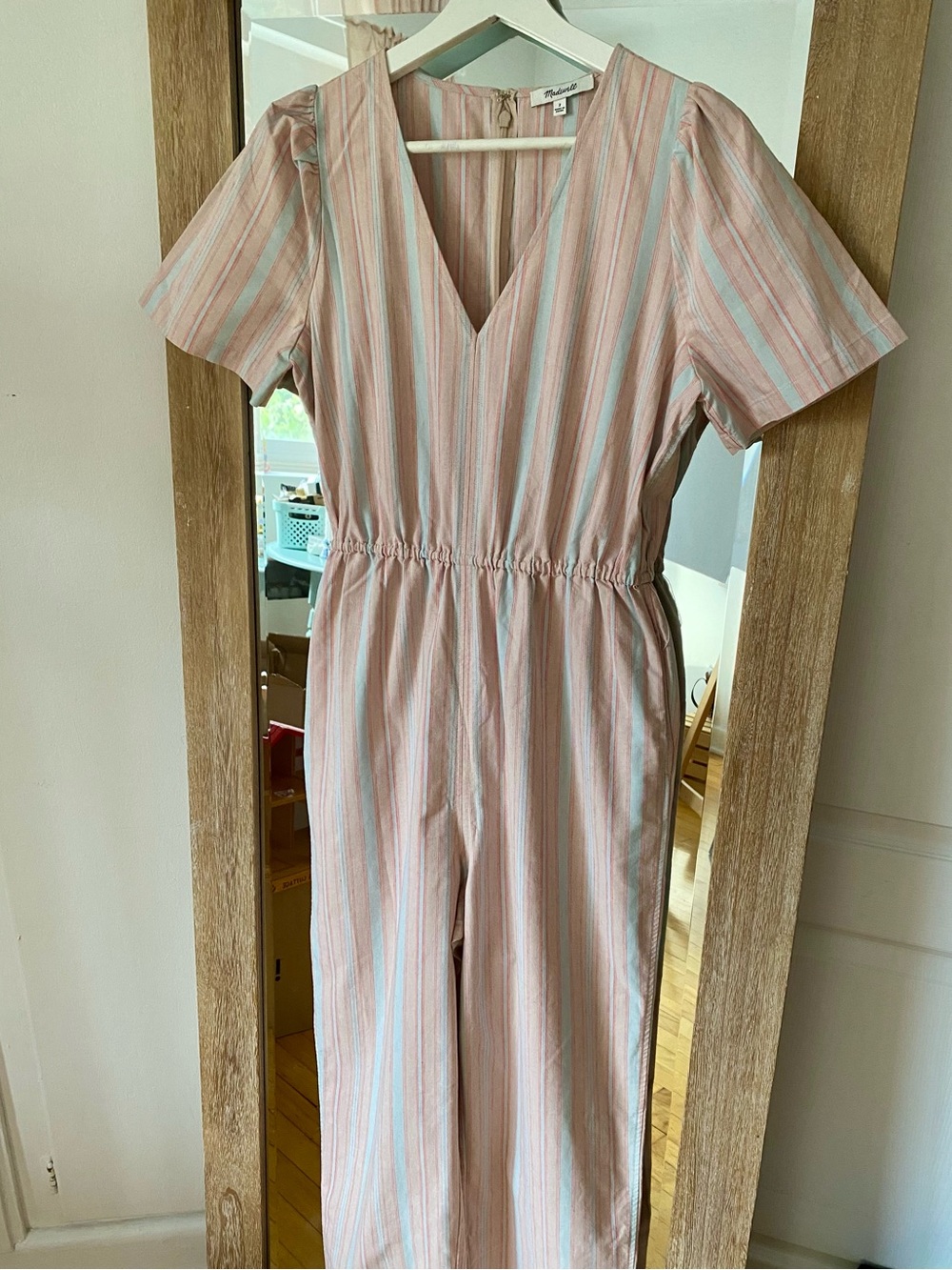Madewell Cotton and Linen Blend Pink & Light Blue Striped Maxi Jumpsuit